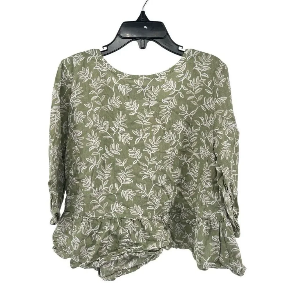 Old Navy Girl’s Olive Floral Tie-Neck Tiered-Hem Cotton Boho Blouse Size 6/7